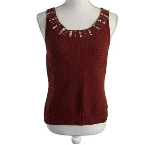 Nine West Nine & Company Petite Rust Red Tank Top Waffle Knit Beaded Sequin